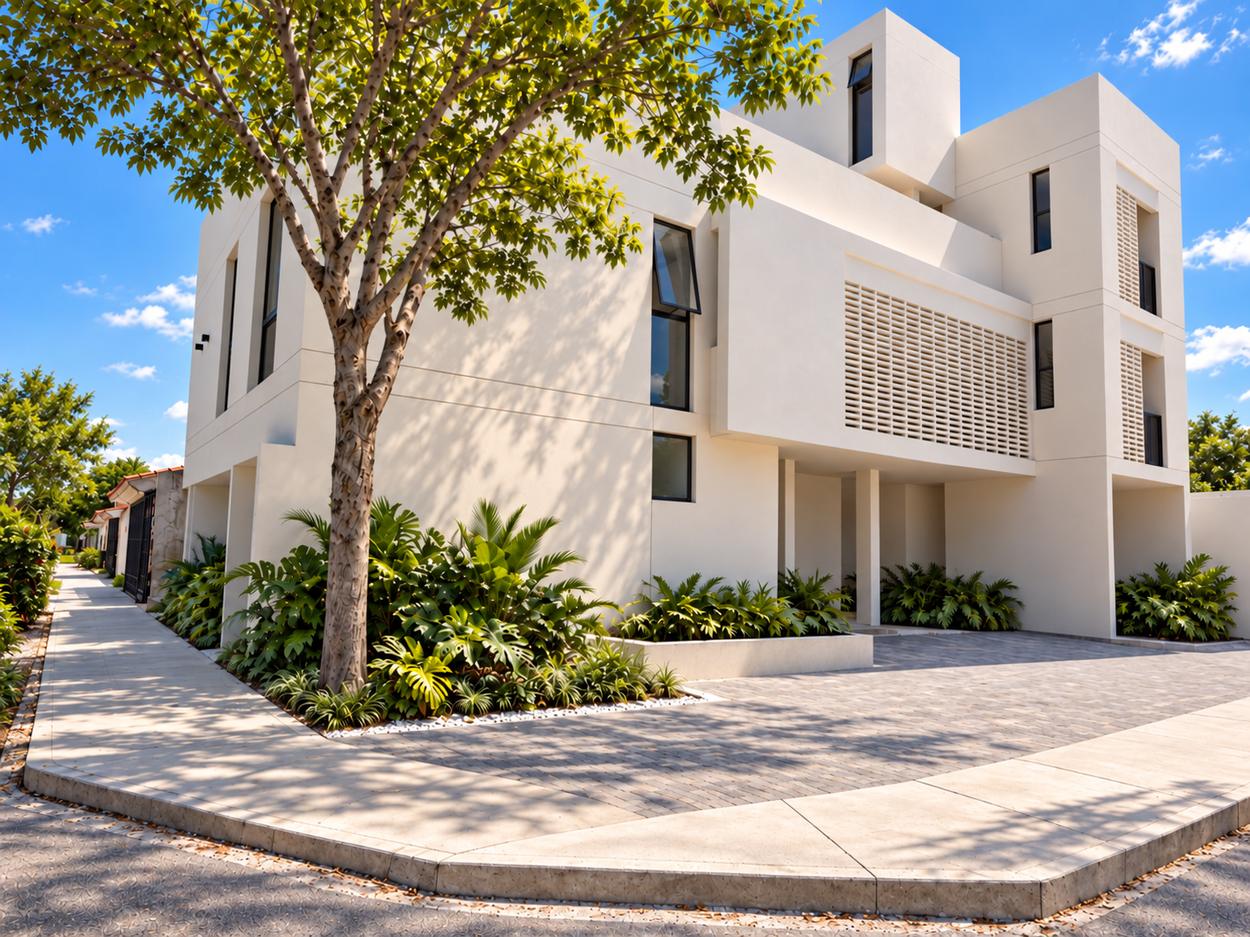 Esquina del edificio a plena luz: volúmenes blancos, celosías de concreto y jardinera con vegetación.