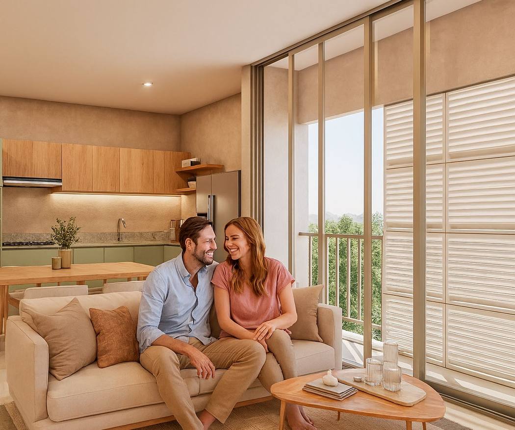 Render de la sala-comedor con cocina integral y ventanal a piso.
